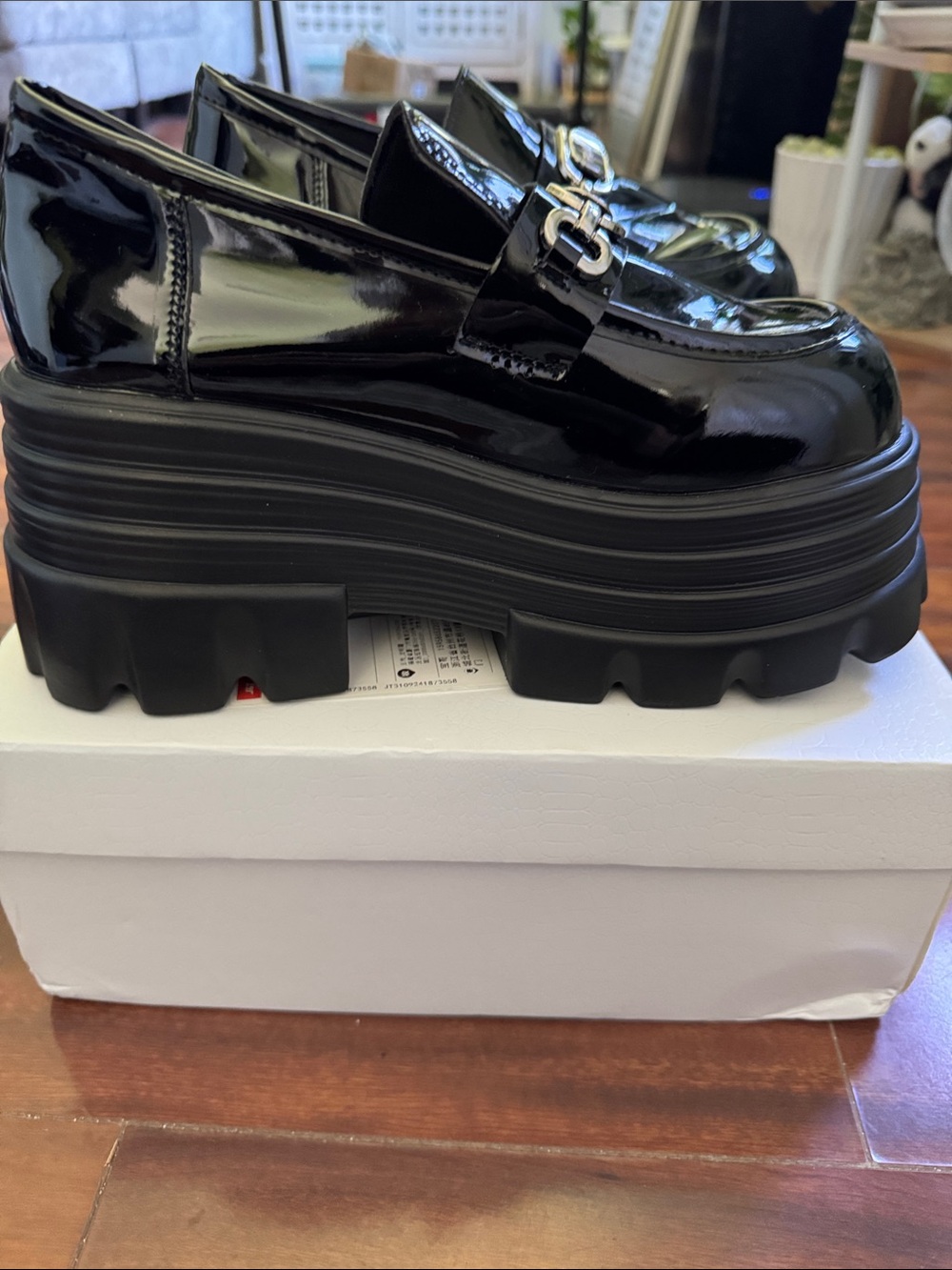 FLA Black Patent Platform Loafers with Silver Accent NWOT